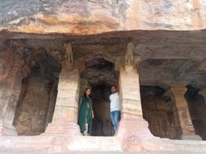 A scenic couple photo shoot at badami cave temples