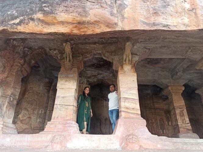 A scenic couple photo shoot at badami cave temples